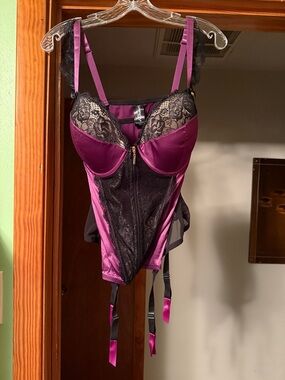 Satin & Lace Bustier Bodysuit in Plum with Garter Straps and Matching G-String